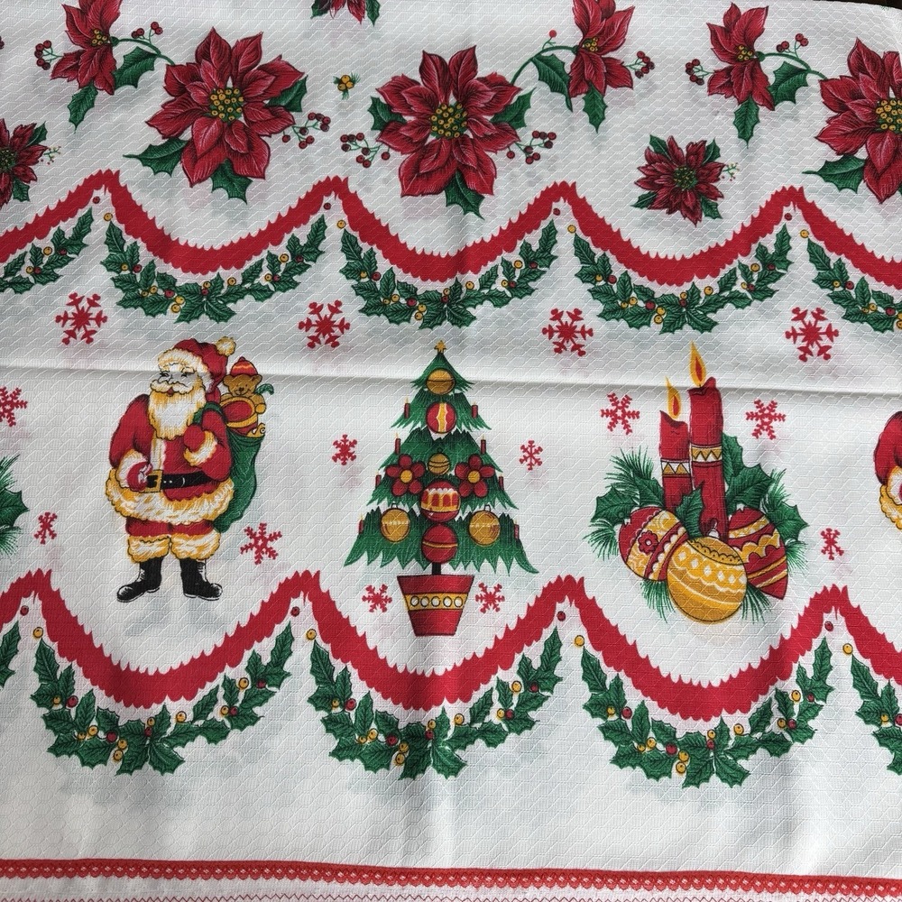 Vtg Retro Christmas Tablecloth Lace Trim Santa Tree Candles Poinsettia 80"x 64"